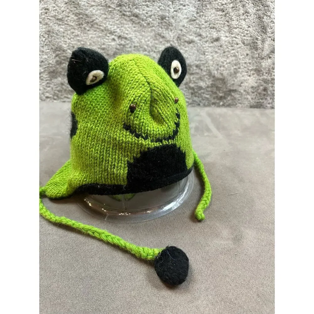 Wool Knit Frog Hat Winter Beanie Green Black Kids Youth CUTE Nepal
